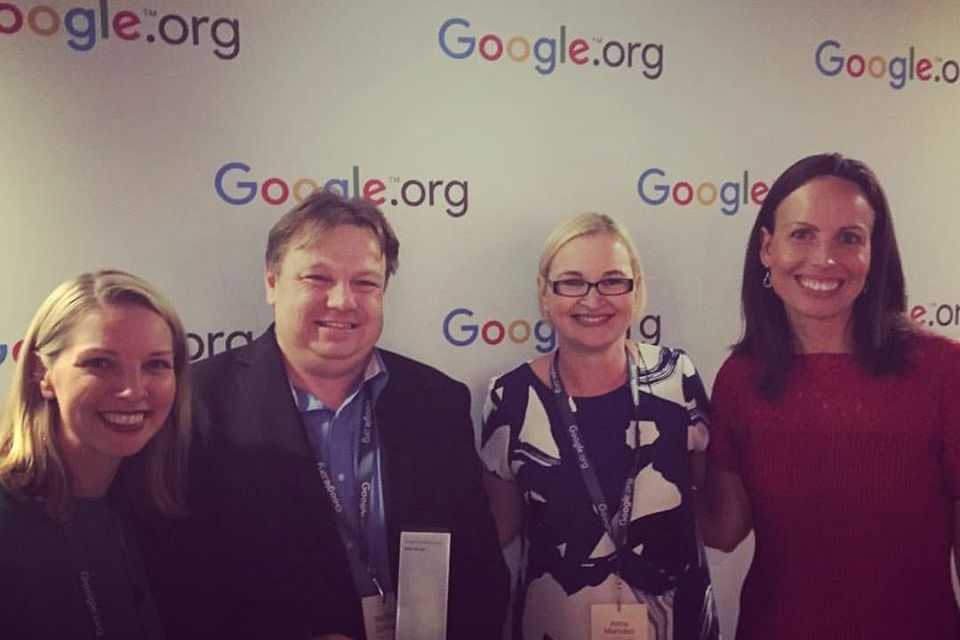 Cass Erbs & Anna Marsden from the Foundation flank QUT's Dr Matthew Dunbabin with Jacquelline Fuller from Google far right